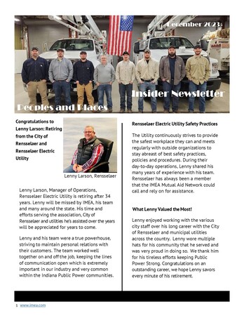 December Insider People and Places: Congratulations to Lenny Larson, Retiring from the City of Rensselaer and Rensselaer Electric Utility